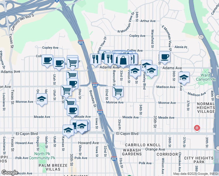 map of restaurants, bars, coffee shops, grocery stores, and more near 4621 32nd Street in San Diego