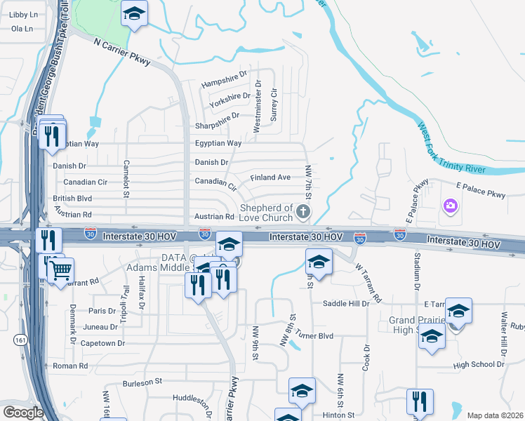 map of restaurants, bars, coffee shops, grocery stores, and more near 745 Greenland Way in Grand Prairie