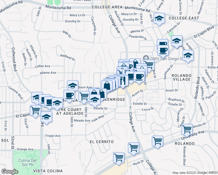 map of restaurants, bars, coffee shops, grocery stores, and more near 4527 Esther Street in San Diego