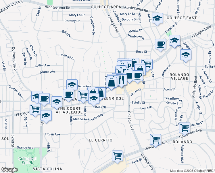map of restaurants, bars, coffee shops, grocery stores, and more near 4527 Esther Street in San Diego