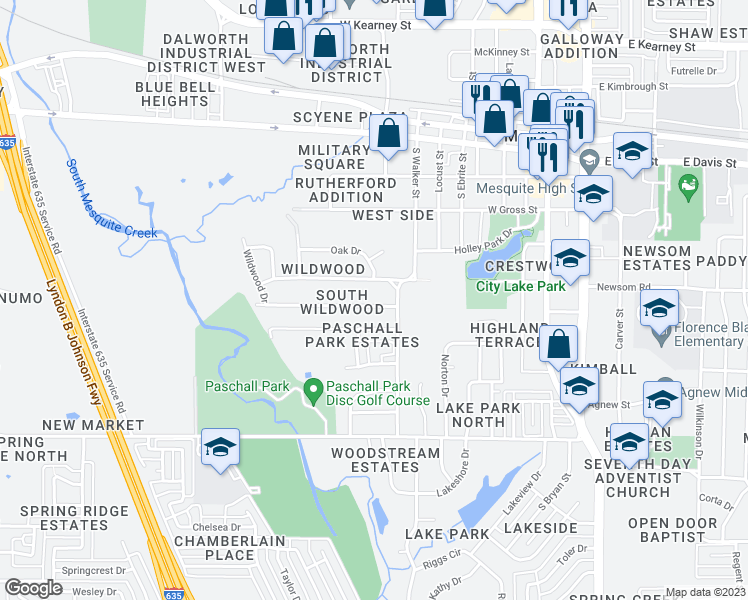 map of restaurants, bars, coffee shops, grocery stores, and more near 617 Cedar Drive in Mesquite