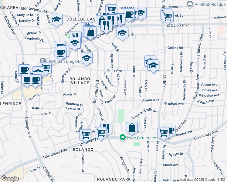 map of restaurants, bars, coffee shops, grocery stores, and more near 4541 Toledo Drive in San Diego