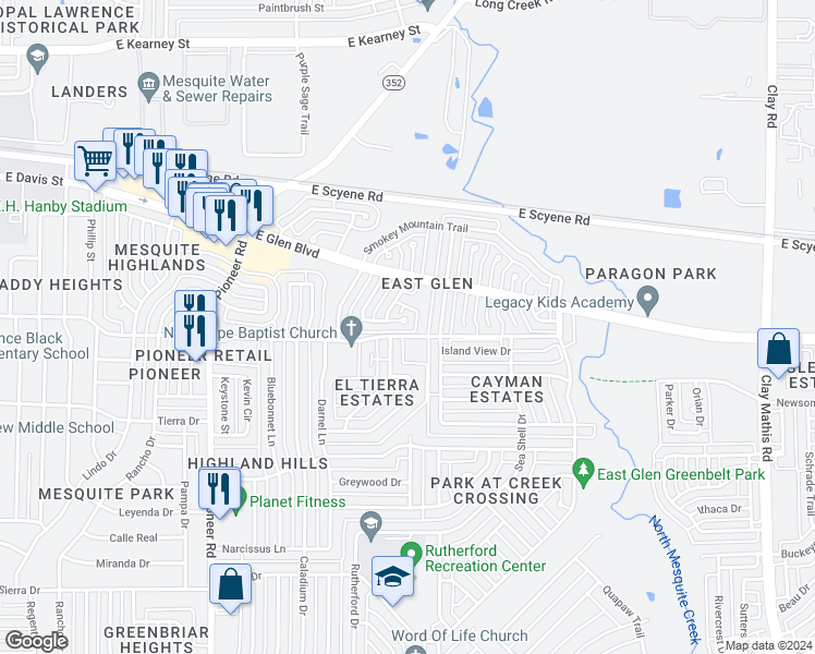 map of restaurants, bars, coffee shops, grocery stores, and more near 554 Appomattox Drive in Mesquite