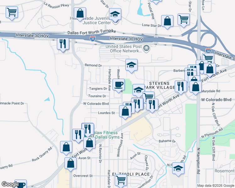 map of restaurants, bars, coffee shops, grocery stores, and more near 1300 Westmount Avenue in Dallas