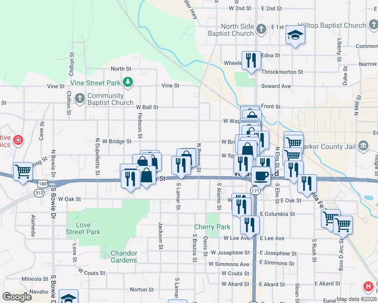map of restaurants, bars, coffee shops, grocery stores, and more near 409 West Bridge Street in Weatherford