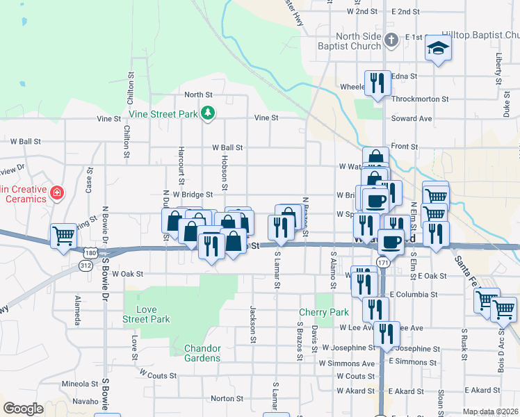 map of restaurants, bars, coffee shops, grocery stores, and more near 512 West Bridge Street in Weatherford