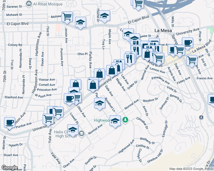 map of restaurants, bars, coffee shops, grocery stores, and more near 7708 University Avenue in La Mesa