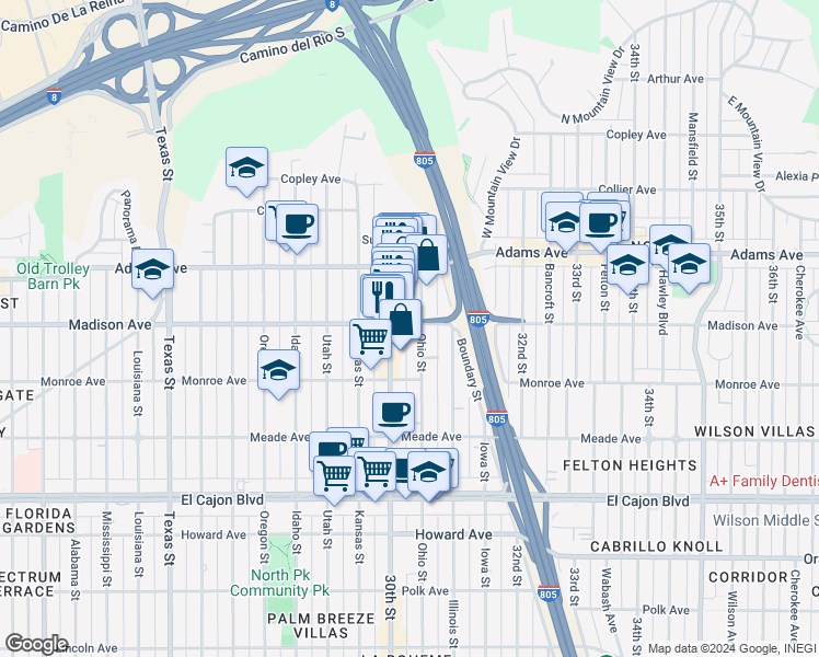 map of restaurants, bars, coffee shops, grocery stores, and more near 3025 Madison Avenue in San Diego
