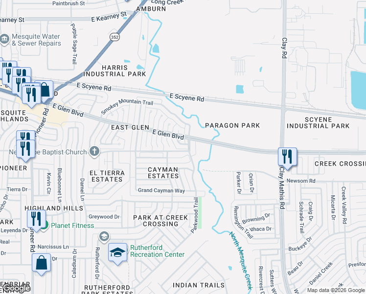 map of restaurants, bars, coffee shops, grocery stores, and more near 526 Stonewall Way in Mesquite