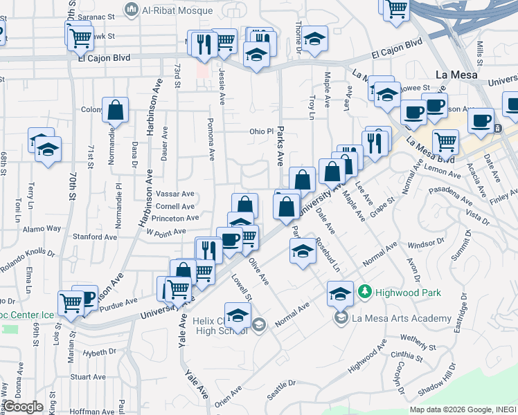 map of restaurants, bars, coffee shops, grocery stores, and more near 4572 Olive Avenue in La Mesa