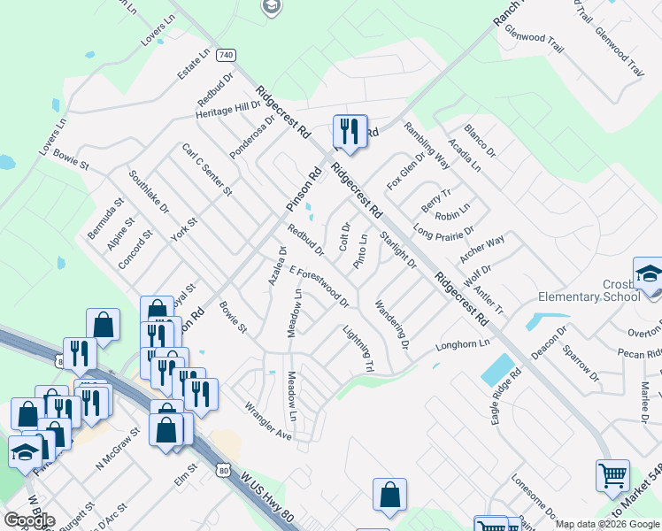 map of restaurants, bars, coffee shops, grocery stores, and more near 504 Colt Drive in Forney