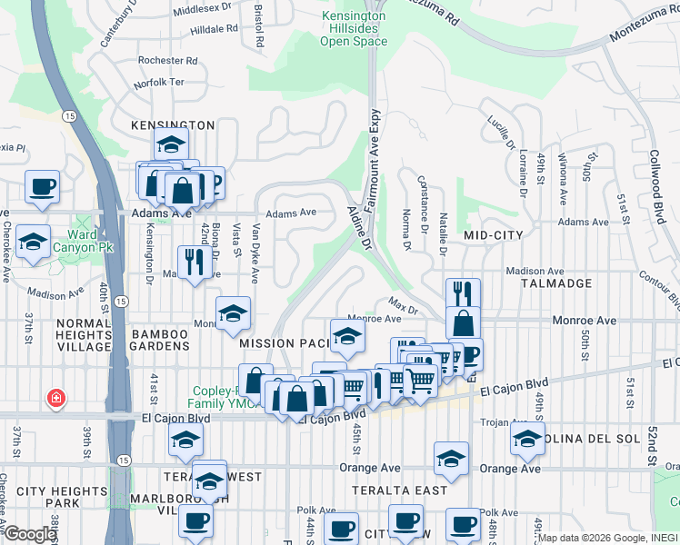 map of restaurants, bars, coffee shops, grocery stores, and more near 4576 44th Street in San Diego