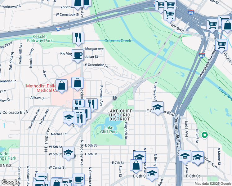 map of restaurants, bars, coffee shops, grocery stores, and more near 1410 North Zang Boulevard in Dallas