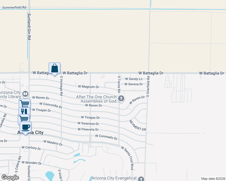 map of restaurants, bars, coffee shops, grocery stores, and more near 8497 West Magnum Drive in Arizona City