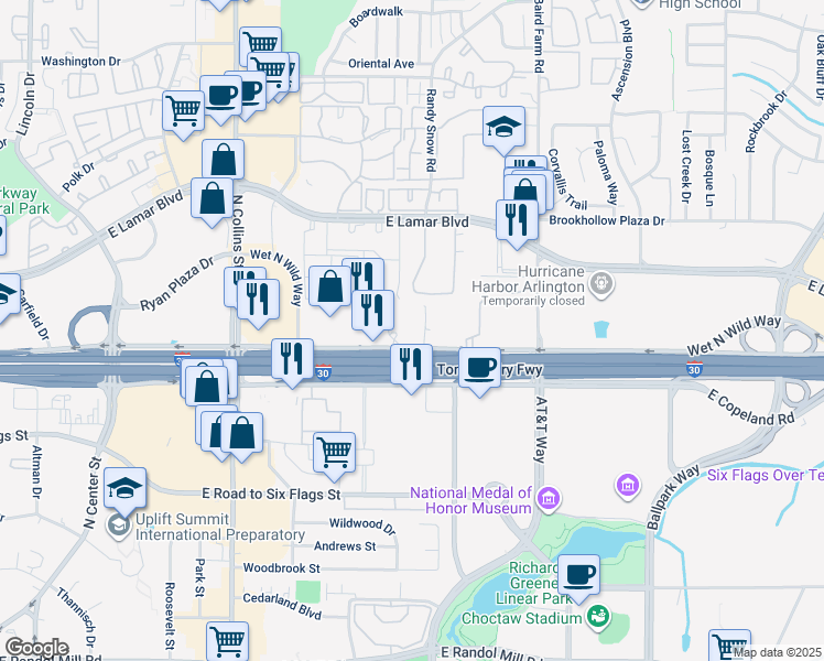 map of restaurants, bars, coffee shops, grocery stores, and more near 1341 Horton Circle in Arlington