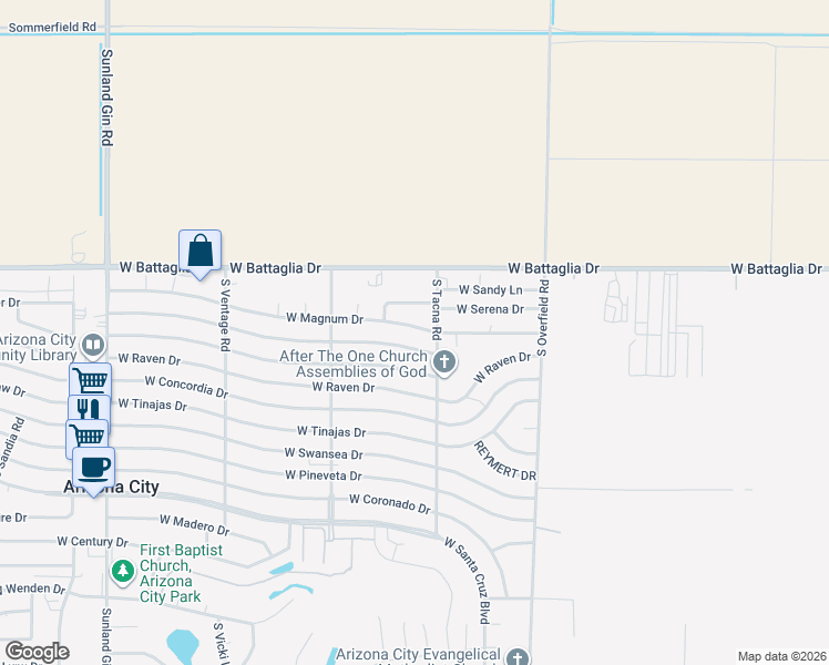map of restaurants, bars, coffee shops, grocery stores, and more near 8497 West Magnum Drive in Arizona City