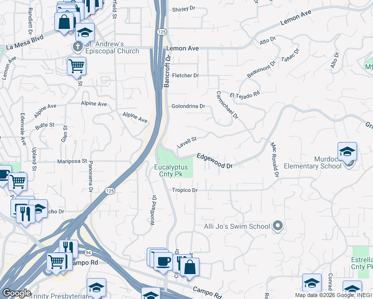 map of restaurants, bars, coffee shops, grocery stores, and more near 4172 Sundown Lane in La Mesa