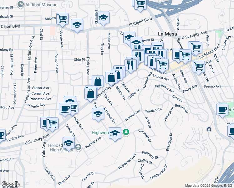 map of restaurants, bars, coffee shops, grocery stores, and more near 4563 Maple Avenue in La Mesa