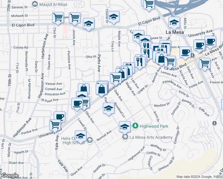 map of restaurants, bars, coffee shops, grocery stores, and more near 7708 University Avenue in La Mesa