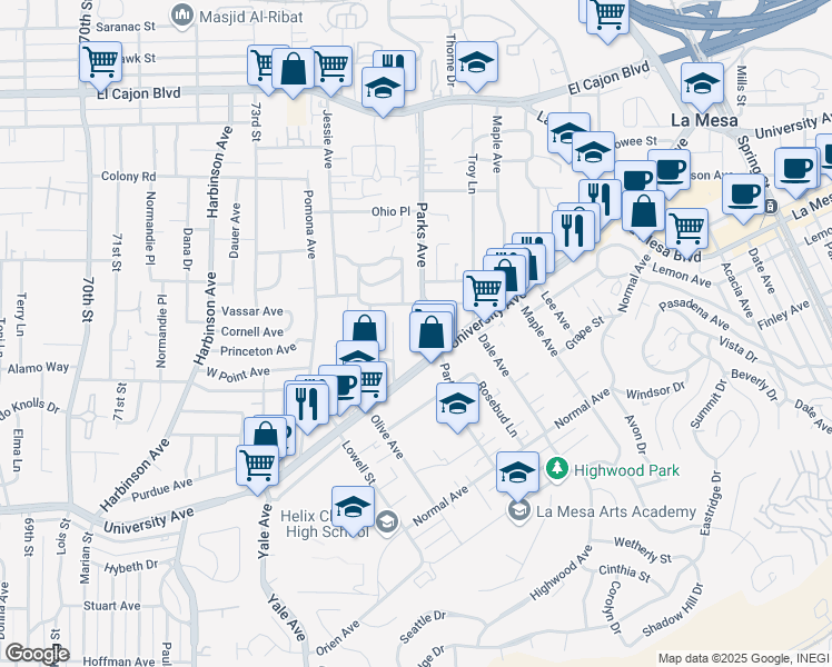 map of restaurants, bars, coffee shops, grocery stores, and more near 7575 Seneca Place in La Mesa