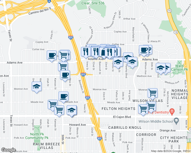 map of restaurants, bars, coffee shops, grocery stores, and more near 4621 32nd Street in San Diego