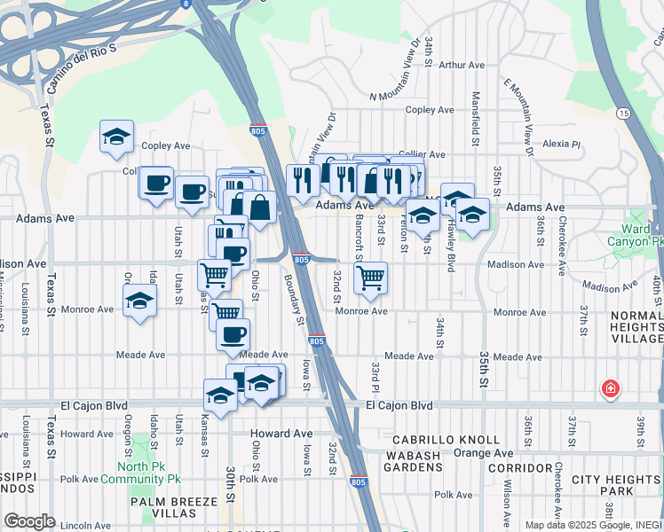 map of restaurants, bars, coffee shops, grocery stores, and more near 4615 Iowa Street in San Diego