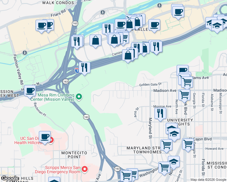 map of restaurants, bars, coffee shops, grocery stores, and more near 4625 Massachusetts Street in San Diego