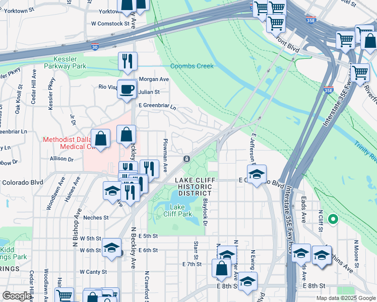 map of restaurants, bars, coffee shops, grocery stores, and more near 1410 North Zang Boulevard in Dallas