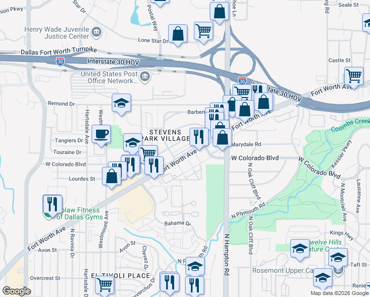 map of restaurants, bars, coffee shops, grocery stores, and more near 2307 West Colorado Boulevard in Dallas
