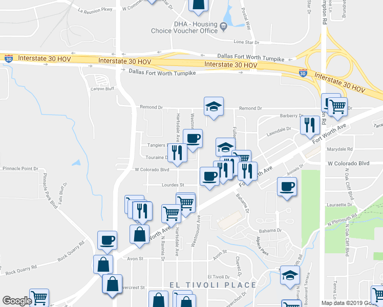 map of restaurants, bars, coffee shops, grocery stores, and more near 1300 Westmount Avenue in Dallas