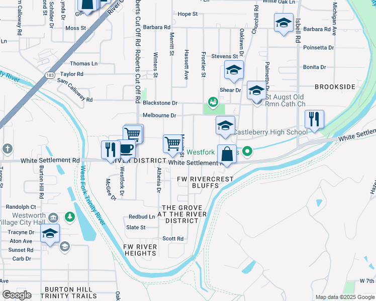map of restaurants, bars, coffee shops, grocery stores, and more near 136 Priddy Lane in Fort Worth