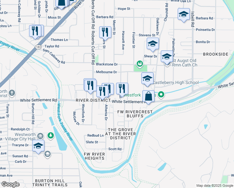 map of restaurants, bars, coffee shops, grocery stores, and more near 137 Merritt Street in Fort Worth