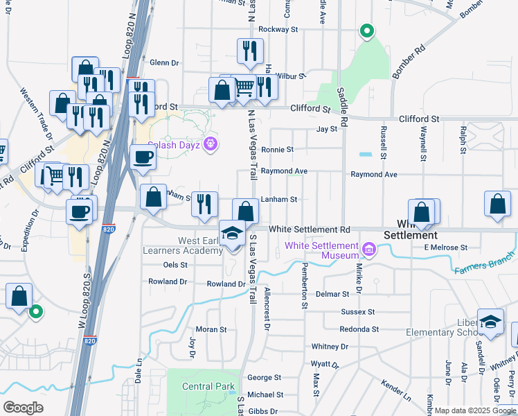 map of restaurants, bars, coffee shops, grocery stores, and more near 200 North Las Vegas Trail in White Settlement