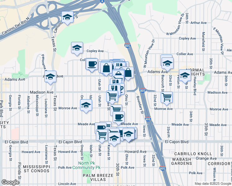 map of restaurants, bars, coffee shops, grocery stores, and more near 4622 30th Street in San Diego