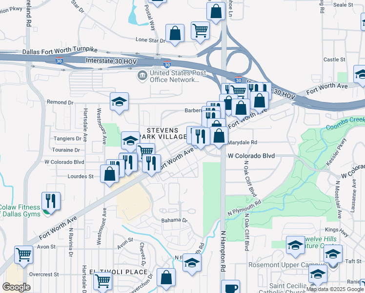 map of restaurants, bars, coffee shops, grocery stores, and more near 2307 West Colorado Boulevard in Dallas