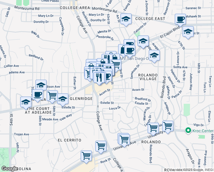 map of restaurants, bars, coffee shops, grocery stores, and more near 6165 El Cajon Boulevard in San Diego