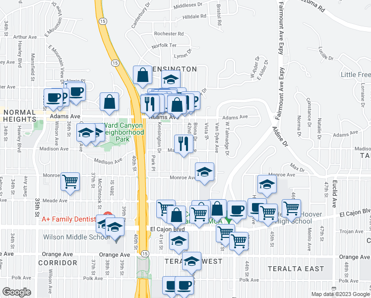 map of restaurants, bars, coffee shops, grocery stores, and more near 4190 Madison Ave in San Diego