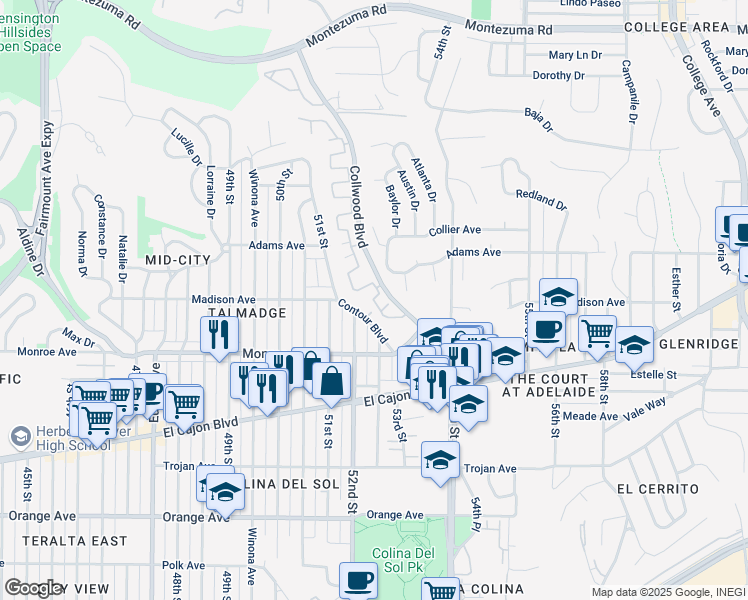 map of restaurants, bars, coffee shops, grocery stores, and more near 4200 Collwood Ln in San Diego
