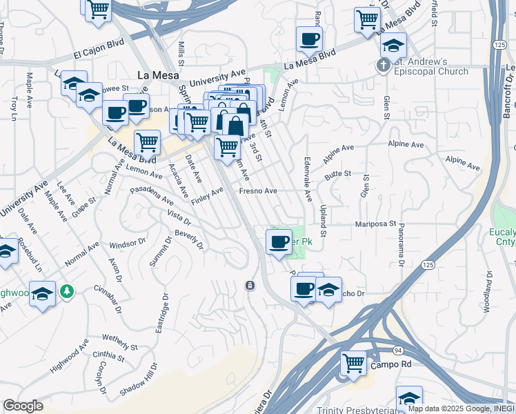 map of restaurants, bars, coffee shops, grocery stores, and more near 4514 Palm Avenue in La Mesa