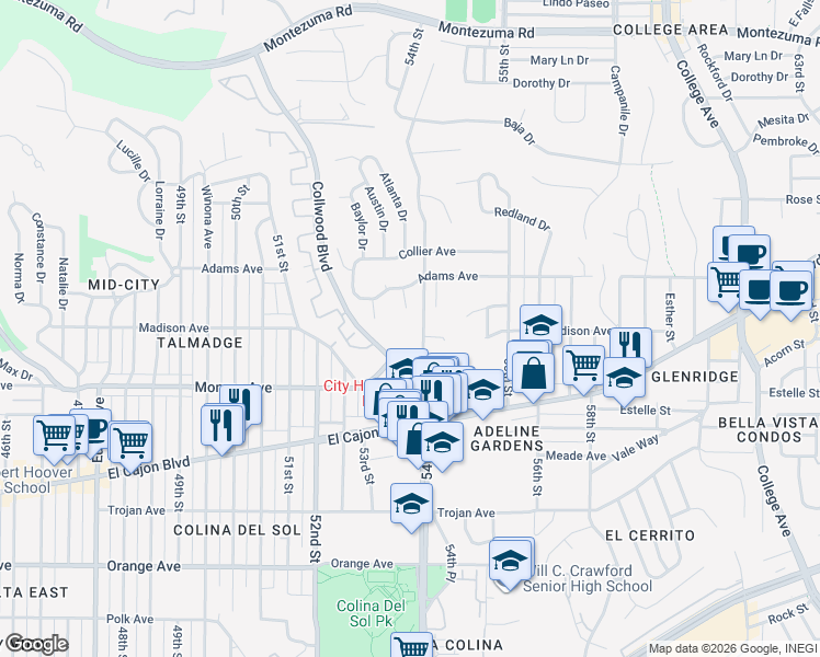 map of restaurants, bars, coffee shops, grocery stores, and more near 4570 54th Street in San Diego