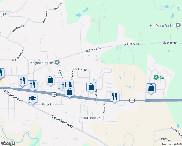 map of restaurants, bars, coffee shops, grocery stores, and more near 306 Dalhart Court in Weatherford