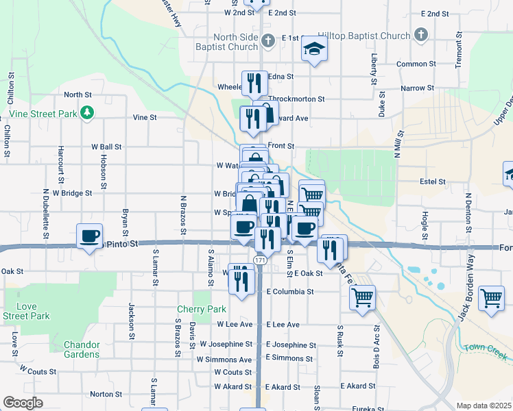 map of restaurants, bars, coffee shops, grocery stores, and more near 224 North Main Street in Weatherford