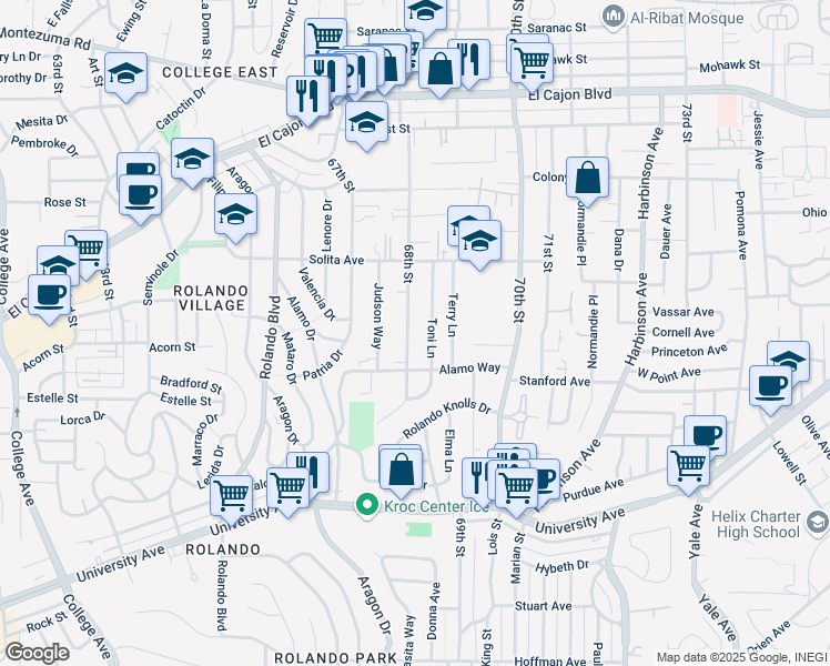 map of restaurants, bars, coffee shops, grocery stores, and more near 4571 68th Street in La Mesa