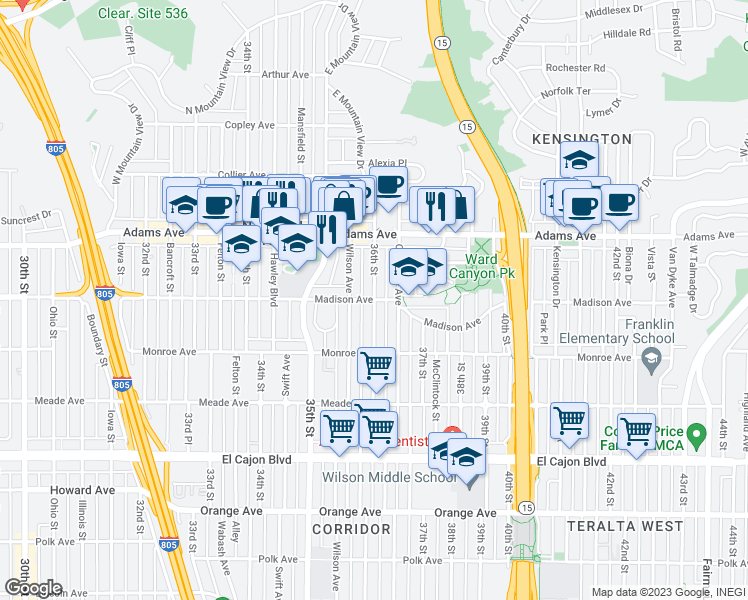 map of restaurants, bars, coffee shops, grocery stores, and more near 3601 Madison Avenue in San Diego