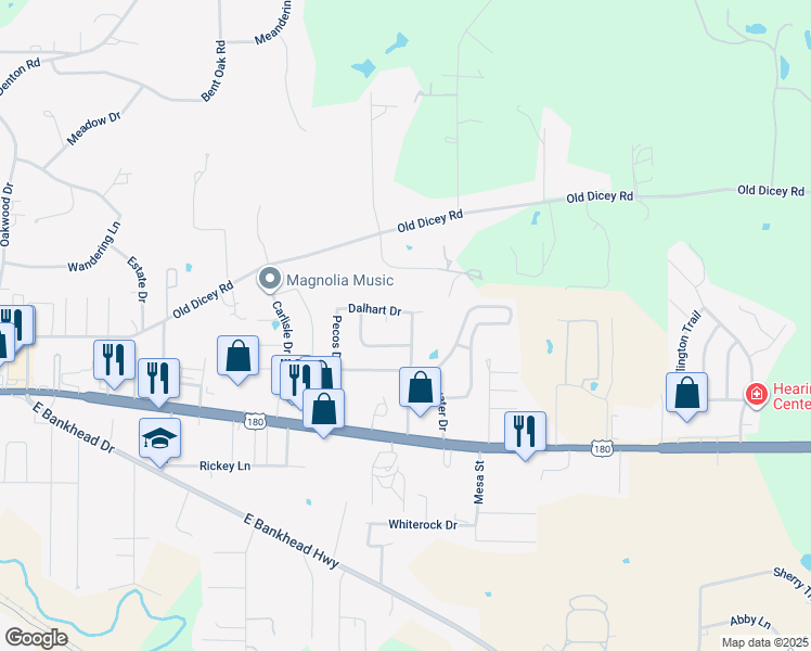 map of restaurants, bars, coffee shops, grocery stores, and more near 329 Beaumont Drive in Weatherford