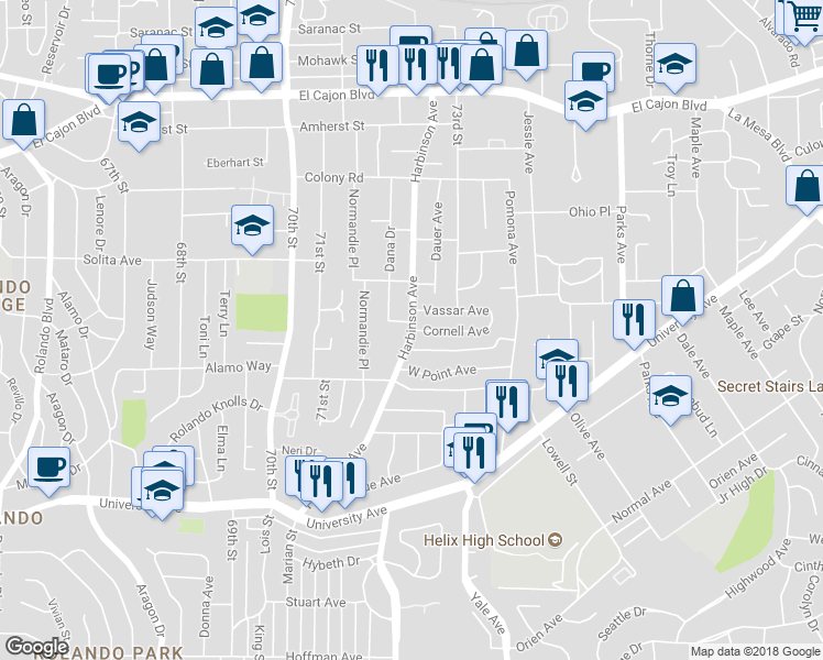 map of restaurants, bars, coffee shops, grocery stores, and more near Harbinson Avenue & Cornell Avenue in La Mesa