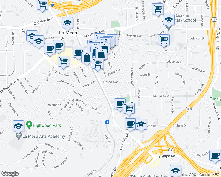 map of restaurants, bars, coffee shops, grocery stores, and more near 4514 Palm Avenue in La Mesa