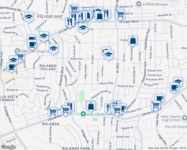 map of restaurants, bars, coffee shops, grocery stores, and more near 4571 68th Street in La Mesa