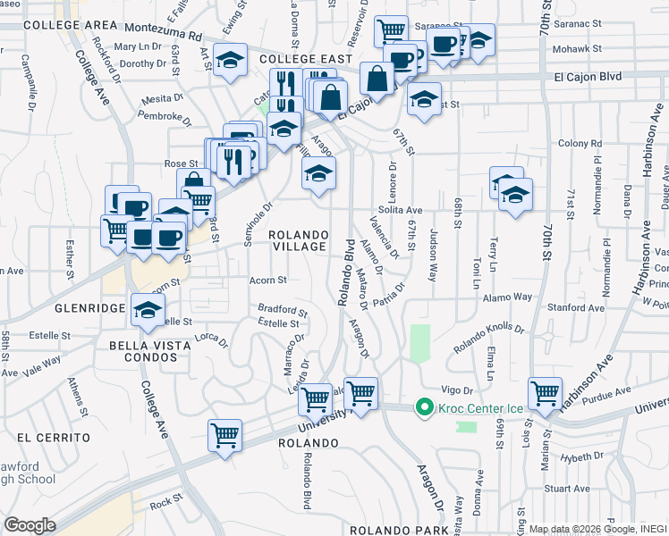 map of restaurants, bars, coffee shops, grocery stores, and more near 4601 Aragon Drive in San Diego