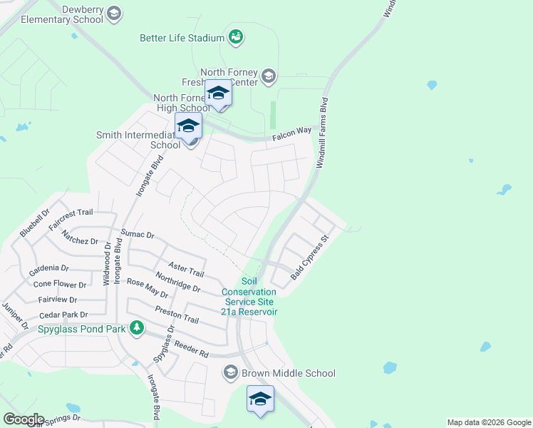 map of restaurants, bars, coffee shops, grocery stores, and more near 3135 Angus Drive in Forney